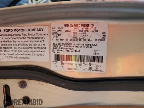 ✅ 2007 Mercury Mountaineer Premier • VIN: 4M2EU38867UJ14443 • Lot: 71012535. Wystawiony na Copart z przebiegiem 129 647 mil. Bezpłatny archiwum sprzedaży aukcyjnych z USA i szczegółowy raport historii pojazdu na DreamBid. Zdjęcie 13.