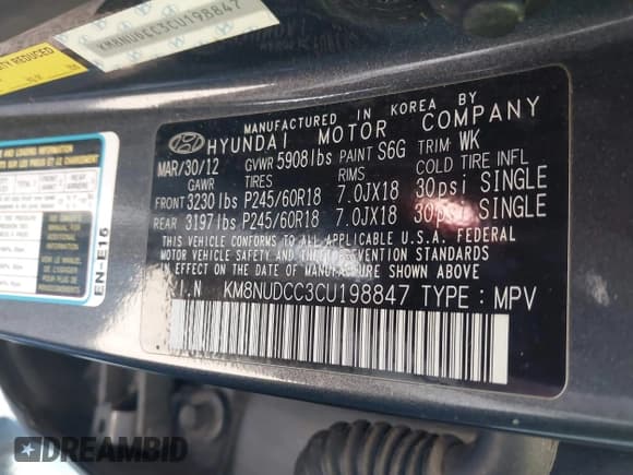 ✅ 2012 Hyundai Veracruz GLS • VIN: KM8NUDCC3CU198847 • Lot: 43479455. Listed on IAAI with 72,840 mi. Free auction sales archive from the USA and detailed vehicle history report at DreamBid. Image 9.