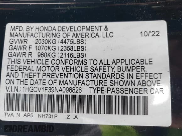 ✅ 2022 Honda Accord Sport • VIN: 1HGCV1F39NA098826 • Lot: 43495647. Wystawiony na IAAI z przebiegiem 18 990 mil. Bezpłatny archiwum sprzedaży aukcyjnych z USA i szczegółowy raport historii pojazdu na DreamBid. Zdjęcie 9.