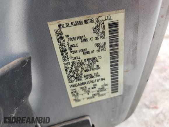 ✅ 2005 Nissan Titan XE • VIN: 1N6BA06A15N518194 • Lot: 64585525. Listed on Copart with 226,813 mi. Free auction sales archive from the USA and detailed vehicle history report at DreamBid. Image 12.