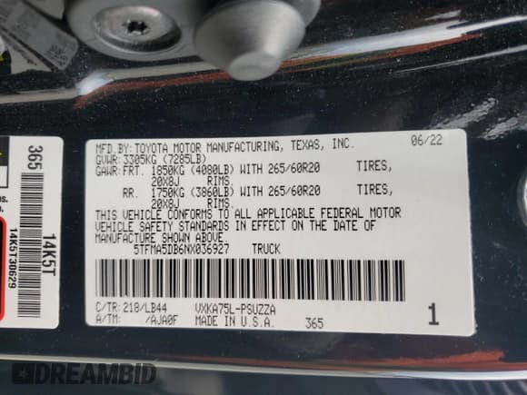 ✅ 2022 Toyota Tundra 1794 Edition • VIN: 5TFMA5DB6NX036927 • Lot: 56486805. Listed on Copart with 67,634 mi. Free auction sales archive from the USA and detailed vehicle history report at DreamBid. Image 13.