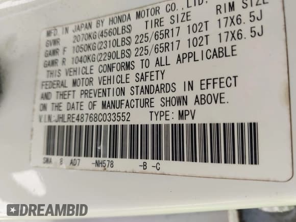 ✅ 2008 Honda CR-V EX-L • VIN: JHLRE48768C033552 • Lot: 43528211. Listed on IAAI with 103,007 mi. Free auction sales archive from the USA and detailed vehicle history report at DreamBid. Image 9.