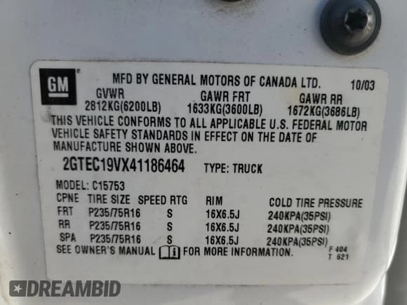 ✅ 2004 GMC Sierra 1500 SLE • VIN: 2GTEC19VX41186464 • Лот: 86314465. Опубликован ранее на Copart с пробегом 177 402 миль. Бесплатный доступ к архиву аукционных продаж из США и подробный отчёт об истории автомобиля на DreamBid. Изображение 12.