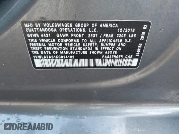 ✅ 2019 Volkswagen Passat Wolfsburg Edition • VIN: 1VWLA7A31KC014192 • Lot: 43473688. Wystawiony na IAAI z przebiegiem 92 446 mil. Bezpłatny archiwum sprzedaży aukcyjnych z USA i szczegółowy raport historii pojazdu na DreamBid. Zdjęcie 9.