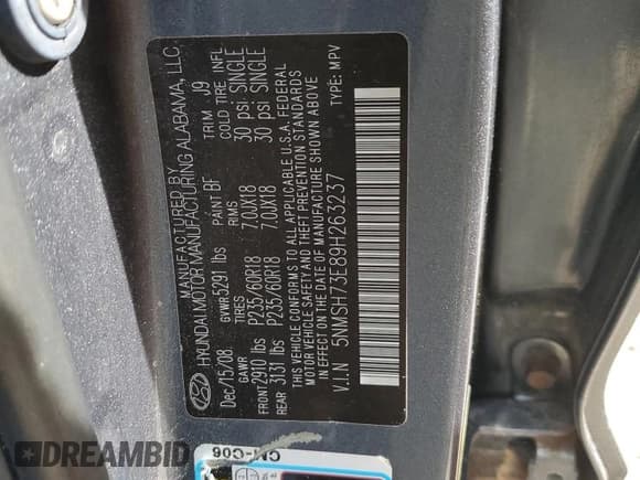 ✅ 2009 Hyundai Santa Fe Limited • VIN: 5NMSH73E89H263237 • Lot: 50965974. Listed on Copart with 118,987 mi. Free auction sales archive from the USA and detailed vehicle history report at DreamBid. Image 12.