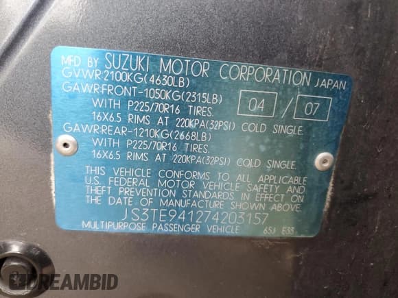 ✅ 2007 Suzuki Grand Vitara • VIN: JS3TE941274203157 • Lot: 81275165. Listed on Copart with 182,014 mi. Free auction sales archive from the USA and detailed vehicle history report at DreamBid. Image 13.