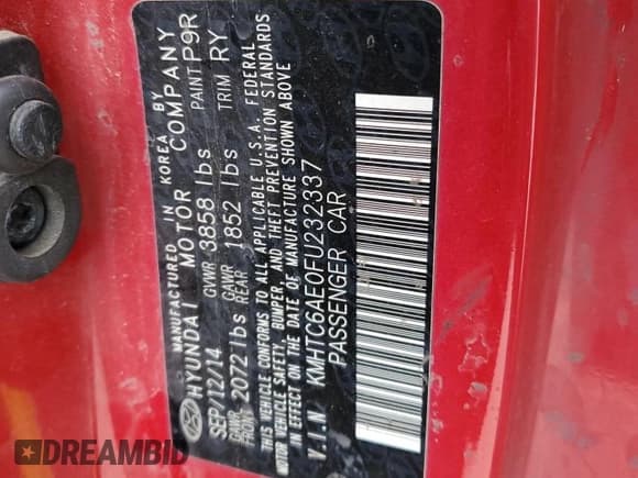 ✅ 2015 Hyundai Veloster Turbo • VIN: KMHTC6AE0FU232337 • Lot: 89193515. Listed on Copart with 119,693 mi. Free auction sales archive from the USA and detailed vehicle history report at DreamBid. Image 12.