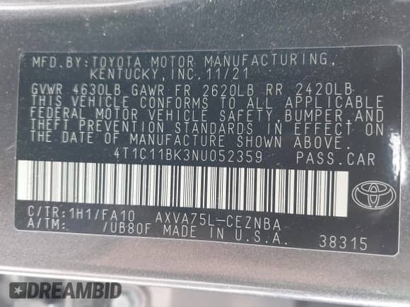 2022 Toyota Camry LE с VIN 4T1C11BK3NU052359, выставлен на аукционе IAAI как лот 42024476 с пробегом 37 688 миль миль и . История ставок и продаж доступна на DreamBid. Изображение 9.