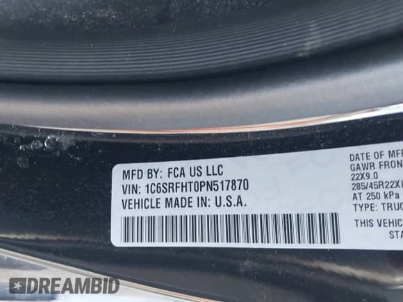 2023 Ram 1500 Limited with VIN 1C6SRFHT0PN517870, listed as a IAAI auction lot 43103863 with 46,575 mi miles and . Bid and sale history available at DreamBid. Image 9.