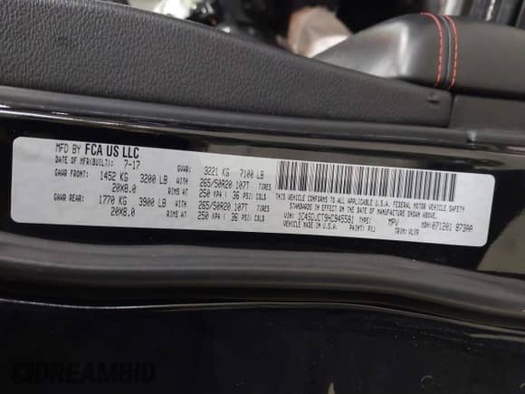 2017 Dodge Durango R/T with VIN 1C4SDJCT9HC945581, listed as a IAAI auction lot 43420044 with 143,365 mi miles and . Bid and sale history available at DreamBid. Image 9.