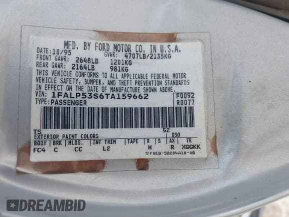 ✅ 1996 Ford Taurus LX • VIN: 1FALP53S6TA159662 • Lot: 42447776. Wystawiony na IAAI z przebiegiem 228 083 mil. Bezpłatny archiwum sprzedaży aukcyjnych z USA i szczegółowy raport historii pojazdu na DreamBid. Zdjęcie 9.