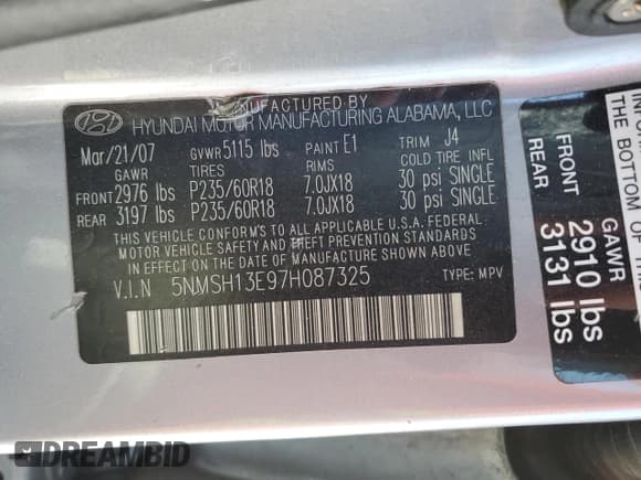 ✅ 2007 Hyundai Santa Fe SE • VIN: 5NMSH13E97H087325 • Lot: 82957004. Listed on Copart with 252,940 mi. Free auction sales archive from the USA and detailed vehicle history report at DreamBid. Image 12.