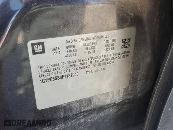 2015 Chevrolet Cruze LT с VIN 1G1PC5SB4F7137940, выставлен на аукционе Copart как лот 87053825 с пробегом 116 700 миль миль и Списание • Salvage title. История ставок и продаж доступна на DreamBid. Изображение 12.