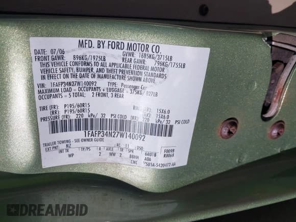 ✅ 2007 Ford Focus S • VIN: 1FAFP34N27W140092 • Lot: 43428118. Listed on IAAI with 195,282 mi. Free auction sales archive from the USA and detailed vehicle history report at DreamBid. Image 9.