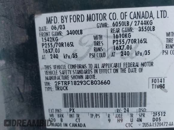 ✅ 2003 Ford F-150 XL • VIN: 2FTRF18293CB03660 • Lot: 43647045. Listed on IAAI with Not provided. Free auction sales archive from the USA and detailed vehicle history report at DreamBid. Image 9.