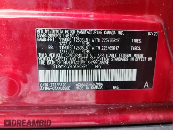 ✅ 2020 Toyota RAV4 XLE • VIN: 2T3W1RFV9LW090991 • Lot: 90583715. Listed on Copart with 80,530 mi. Free auction sales archive from the USA and detailed vehicle history report at DreamBid. Image 14.