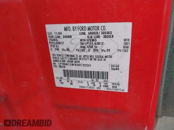 ✅ 2005 Ford F-150 XLT • VIN: 1FTRW12WX5KC32341 • Lot: 42989708. Wystawiony na IAAI z przebiegiem 156 081 mil. Bezpłatny archiwum sprzedaży aukcyjnych z USA i szczegółowy raport historii pojazdu na DreamBid. Zdjęcie 9.