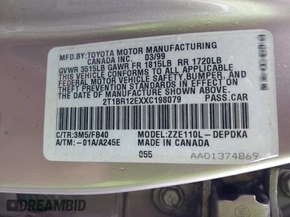 ✅ 1999 Toyota Corolla LE • VIN: 2T1BR12EXXC198079 • Лот: 43469173. Опубликован ранее на IAAI с пробегом 84 359 миль. Бесплатный доступ к архиву аукционных продаж из США и подробный отчёт об истории автомобиля на DreamBid. Изображение 9.