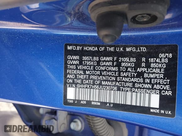 ✅ 2018 Honda Civic EX • VIN: SHHFK7H56JU230706 • Lot: 43738379. Listed on IAAI with 75,401 mi. Free auction sales archive from the USA and detailed vehicle history report at DreamBid. Image 9.