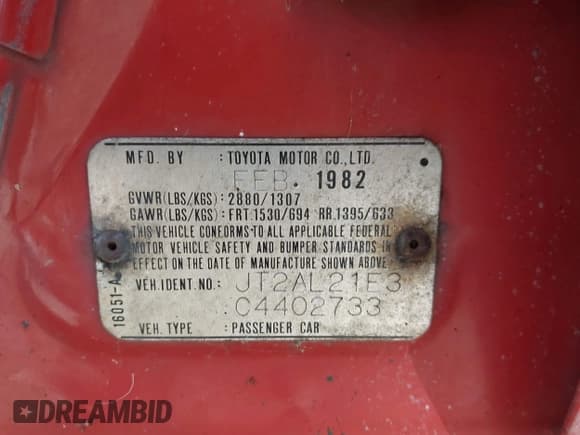 ✅ 1982 Toyota Tercel Deluxe • VIN: JT2AL21E3C4402733 • Lot: 43154157. Wystawiony na IAAI z przebiegiem 143 224 mil. Bezpłatny archiwum sprzedaży aukcyjnych z USA i szczegółowy raport historii pojazdu na DreamBid. Zdjęcie 9.