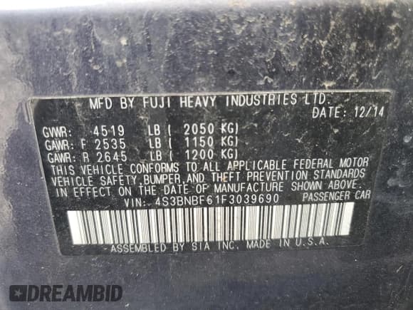 ✅ 2015 Subaru Legacy Premium • VIN: 4S3BNBF61F3039690 • Lot: 90636315. Wystawiony na Copart z przebiegiem 117 467 mil. Bezpłatny archiwum sprzedaży aukcyjnych z USA i szczegółowy raport historii pojazdu na DreamBid. Zdjęcie 12.