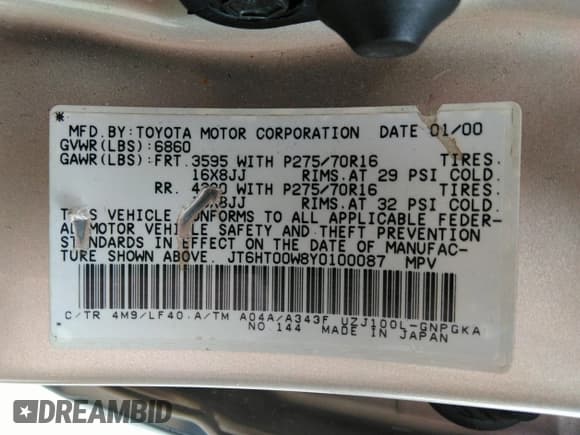 ✅ 2000 Lexus LX 470 • VIN: JT6HT00W8Y0100087 • Lot: 41762294. Wystawiony na IAAI z przebiegiem 274 720 mil. Bezpłatny archiwum sprzedaży aukcyjnych z USA i szczegółowy raport historii pojazdu na DreamBid. Zdjęcie 9.