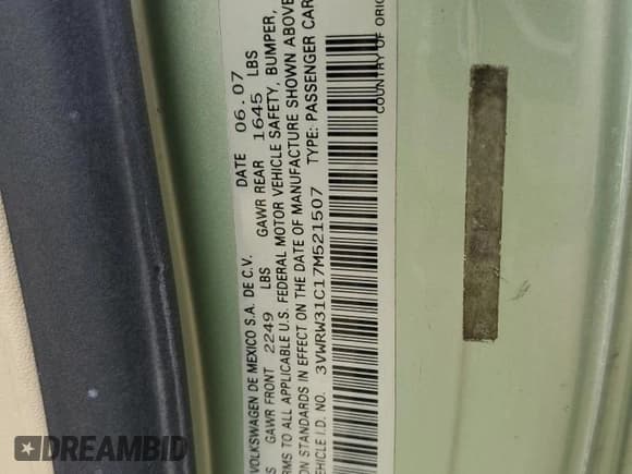 ✅ 2007 Volkswagen Beetle • VIN: 3VWRW31C17M521507 • Lot: 51694315. Listed on Copart with 109,426 mi. Free auction sales archive from the USA and detailed vehicle history report at DreamBid. Image 12.