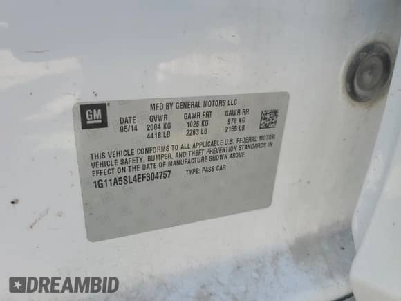 2014 Chevrolet Malibu LS with VIN 1G11A5SL4EF304757, listed as a Copart auction lot 80112995 with 230,166 mi miles and Salvage title. Bid and sale history available at DreamBid. Image 12.