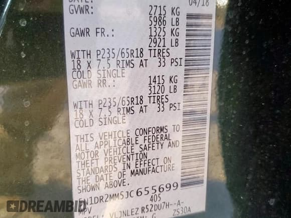 ✅ 2018 Nissan Pathfinder S • VIN: 5N1DR2MM5JC655699 • Lot: 92647835. Wystawiony na Copart z przebiegiem 182 576 mil. Bezpłatny archiwum sprzedaży aukcyjnych z USA i szczegółowy raport historii pojazdu na DreamBid. Zdjęcie 13.