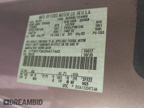 ✅ 2002 Ford F-150 XL • VIN: 1FTRX17262NA11462 • Лот: 43663990. Опубликован ранее на IAAI с пробегом 151 492 миль. Бесплатный доступ к архиву аукционных продаж из США и подробный отчёт об истории автомобиля на DreamBid. Изображение 9.