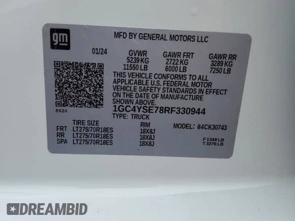 2024 Chevrolet Silverado 3500HD Work Truck с VIN 1GC4YSE78RF330944, выставлен на аукционе Copart как лот 58736225 с пробегом 6 019 миль миль и Списание • Salvage title. История ставок и продаж доступна на DreamBid. Изображение 12.