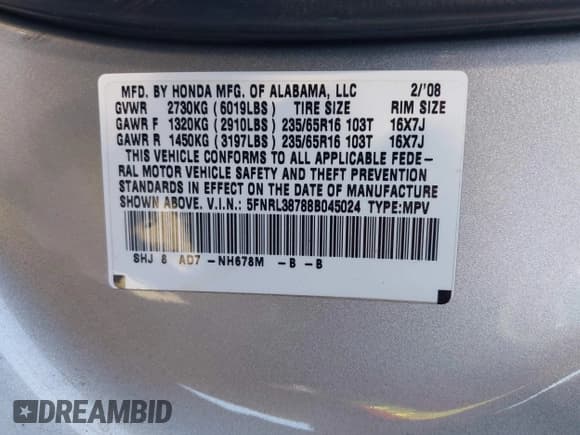✅ 2008 Honda Odyssey EX-L • VIN: 5FNRL38788B045024 • Lot: 43471880. Listed on IAAI with 194,986 mi. Free auction sales archive from the USA and detailed vehicle history report at DreamBid. Image 9.