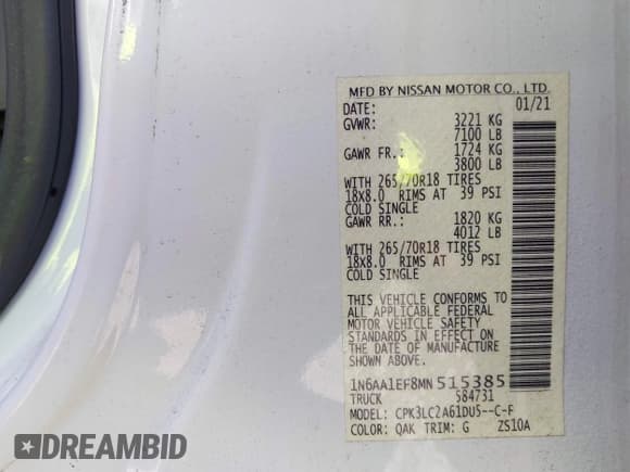 ✅ 2021 Nissan Titan SV • VIN: 1N6AA1EF8MN515385 • Lot: 43478054. Wystawiony na IAAI z przebiegiem 54 340 mil. Bezpłatny archiwum sprzedaży aukcyjnych z USA i szczegółowy raport historii pojazdu na DreamBid. Zdjęcie 9.