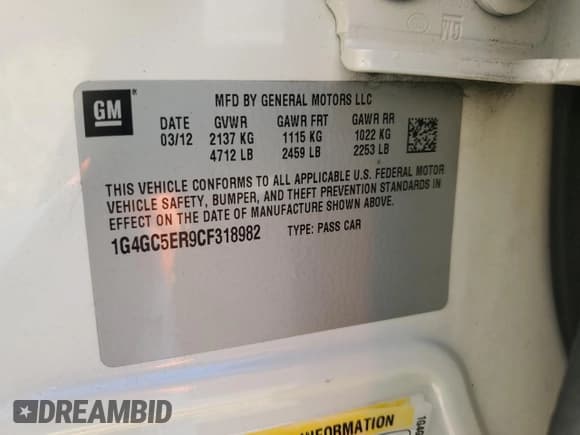 ✅ 2012 Buick LaCrosse Leather • VIN: 1G4GC5ER9CF318982 • Lot: 49837835. Listed on Copart with 186,041 mi. Free auction sales archive from the USA and detailed vehicle history report at DreamBid. Image 12.