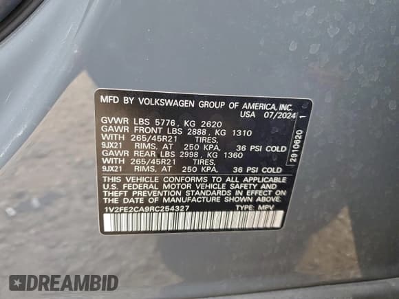 ✅ 2024 Volkswagen Atlas SEL Premium R-Line • VIN: 1V2FE2CA9RC254327 • Лот: 94673895. Опубликован ранее на Copart с пробегом 22 388 миль. Бесплатный доступ к архиву аукционных продаж из США и подробный отчёт об истории автомобиля на DreamBid. Изображение 13.