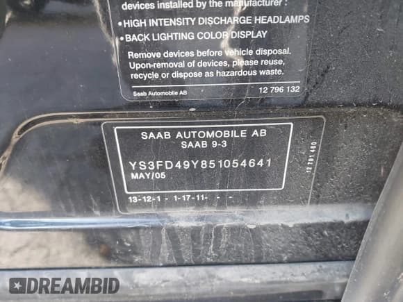 ✅ 2005 Saab 9-3 Arc • VIN: YS3FD49Y851054641 • Lot: 43789677. Listed on IAAI with 106,504 mi. Free auction sales archive from the USA and detailed vehicle history report at DreamBid. Image 9.