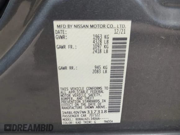 ✅ 2022 Nissan Altima SV • VIN: 1N4BL4DV7NN317318 • Lot: 43503122. Wystawiony na IAAI z przebiegiem 67 769 mil. Bezpłatny archiwum sprzedaży aukcyjnych z USA i szczegółowy raport historii pojazdu na DreamBid. Zdjęcie 9.