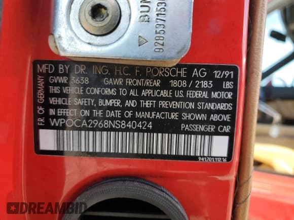 ✅ 1992 Porsche 968 • VIN: WP0CA2968NS840424 • Лот: 83043944. Опубликован ранее на Copart с пробегом 116 500 миль. Бесплатный доступ к архиву аукционных продаж из США и подробный отчёт об истории автомобиля на DreamBid. Изображение 12.