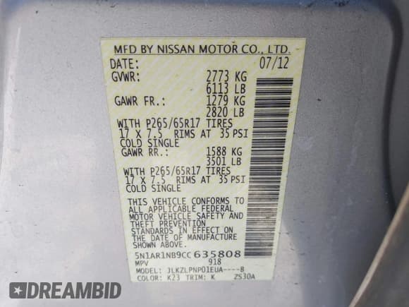 ✅ 2012 Nissan Pathfinder SV • VIN: 5N1AR1NB9CC635808 • Lot: 41290263. Listed on IAAI with 165,449 mi. Free auction sales archive from the USA and detailed vehicle history report at DreamBid. Image 9.