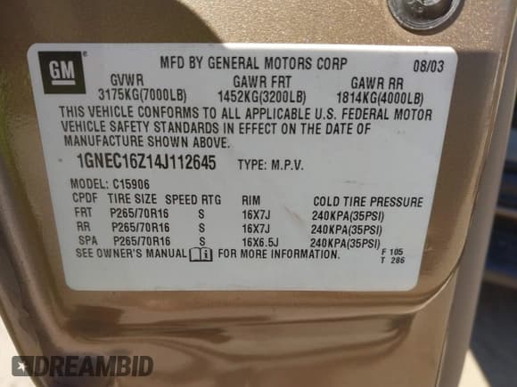 ✅ 2004 Chevrolet Suburban LS • VIN: 1GNEC16Z14J112645 • Лот: 41699031. Опубликован ранее на IAAI с пробегом 105 707 миль. Бесплатный доступ к архиву аукционных продаж из США и подробный отчёт об истории автомобиля на DreamBid. Изображение 9.