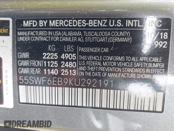 ✅ 2019 Mercedes-Benz C 43 AMG • VIN: 55SWF6EB9KU292191 • Lot: 42231741. Listed on IAAI with 80,572 mi. Free auction sales archive from the USA and detailed vehicle history report at DreamBid. Image 9.