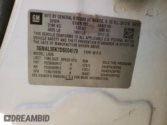 ✅ 2013 Chevrolet Captiva Sport LT • VIN: 3GNAL3EK7DS604979 • Lot: 77404084. Wystawiony na Copart z przebiegiem Nie podano. Bezpłatny archiwum sprzedaży aukcyjnych z USA i szczegółowy raport historii pojazdu na DreamBid. Zdjęcie 13.