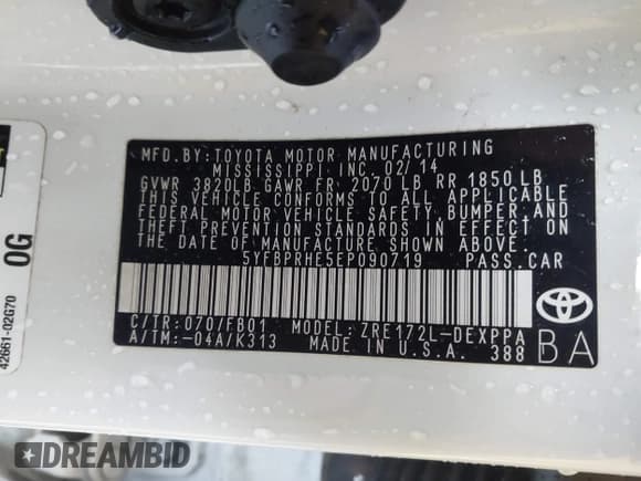 ✅ 2014 Toyota Corolla LE Eco • VIN: 5YFBPRHE5EP090719 • Lot: 42894373. Wystawiony na IAAI z przebiegiem 173 417 mil. Bezpłatny archiwum sprzedaży aukcyjnych z USA i szczegółowy raport historii pojazdu na DreamBid. Zdjęcie 9.