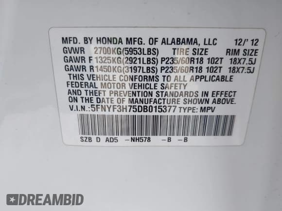 ✅ 2013 Honda Pilot EX-L • VIN: 5FNYF3H75DB015377 • Lot: 43304824. Listed on IAAI with 130,187 mi. Free auction sales archive from the USA and detailed vehicle history report at DreamBid. Image 9.