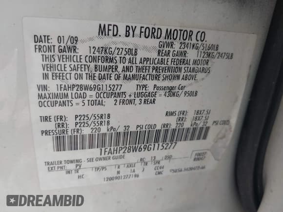 ✅ 2009 Ford Taurus Limited • VIN: 1FAHP28W69G115277 • Лот: 42410687. Опубликован ранее на IAAI с пробегом 217 796 миль. Бесплатный доступ к архиву аукционных продаж из США и подробный отчёт об истории автомобиля на DreamBid. Изображение 9.