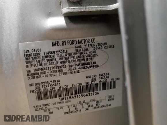 ✅ 2005 Mercury Montego Premier • VIN: 1MEFM42155G623736 • Лот: 59885225. Опубликован ранее на Copart с пробегом Не указан. Бесплатный доступ к архиву аукционных продаж из США и подробный отчёт об истории автомобиля на DreamBid. Изображение 13.