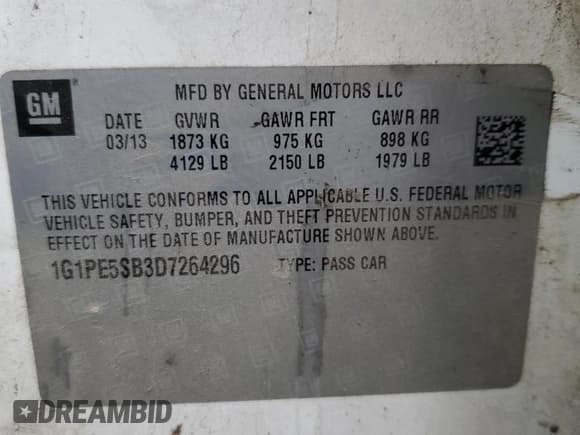 ✅ 2013 Chevrolet Cruze 2LT • VIN: 1G1PE5SB3D7264296 • Lot: 91927345. Listed on Copart with 98,593 mi. Free auction sales archive from the USA and detailed vehicle history report at DreamBid. Image 12.