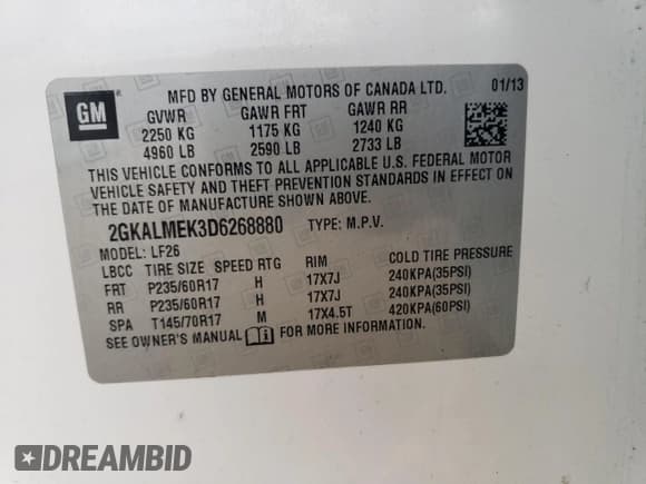 ✅ 2013 GMC Terrain SLE • VIN: 2GKALMEK3D6268880 • Lot: 87228665. Listed on Copart with 114,731 mi. Free auction sales archive from the USA and detailed vehicle history report at DreamBid. Image 13.