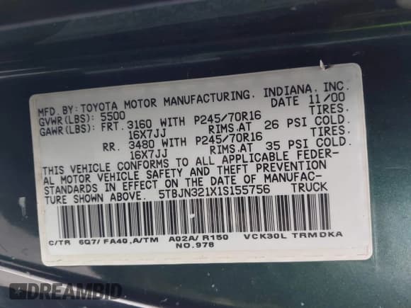 ✅ 2001 Toyota Tundra • VIN: 5TBJN321X1S155756 • Lot: 42211842. Listed on IAAI with 358,435 mi. Free auction sales archive from the USA and detailed vehicle history report at DreamBid. Image 9.