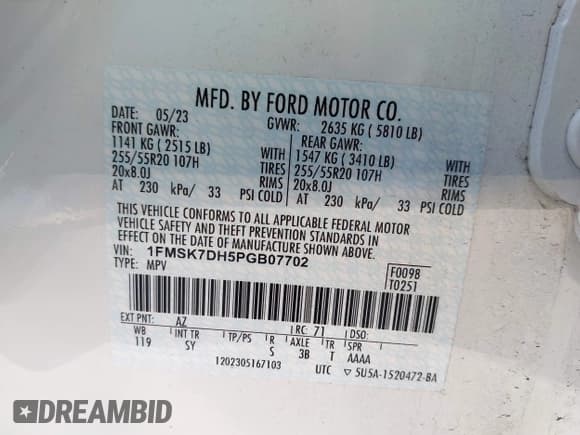 ✅ 2023 Ford Explorer XLT • VIN: 1FMSK7DH5PGB07702 • Лот: 43464785. Опубликован ранее на IAAI с пробегом 31 181 миль. Бесплатный доступ к архиву аукционных продаж из США и подробный отчёт об истории автомобиля на DreamBid. Изображение 9.